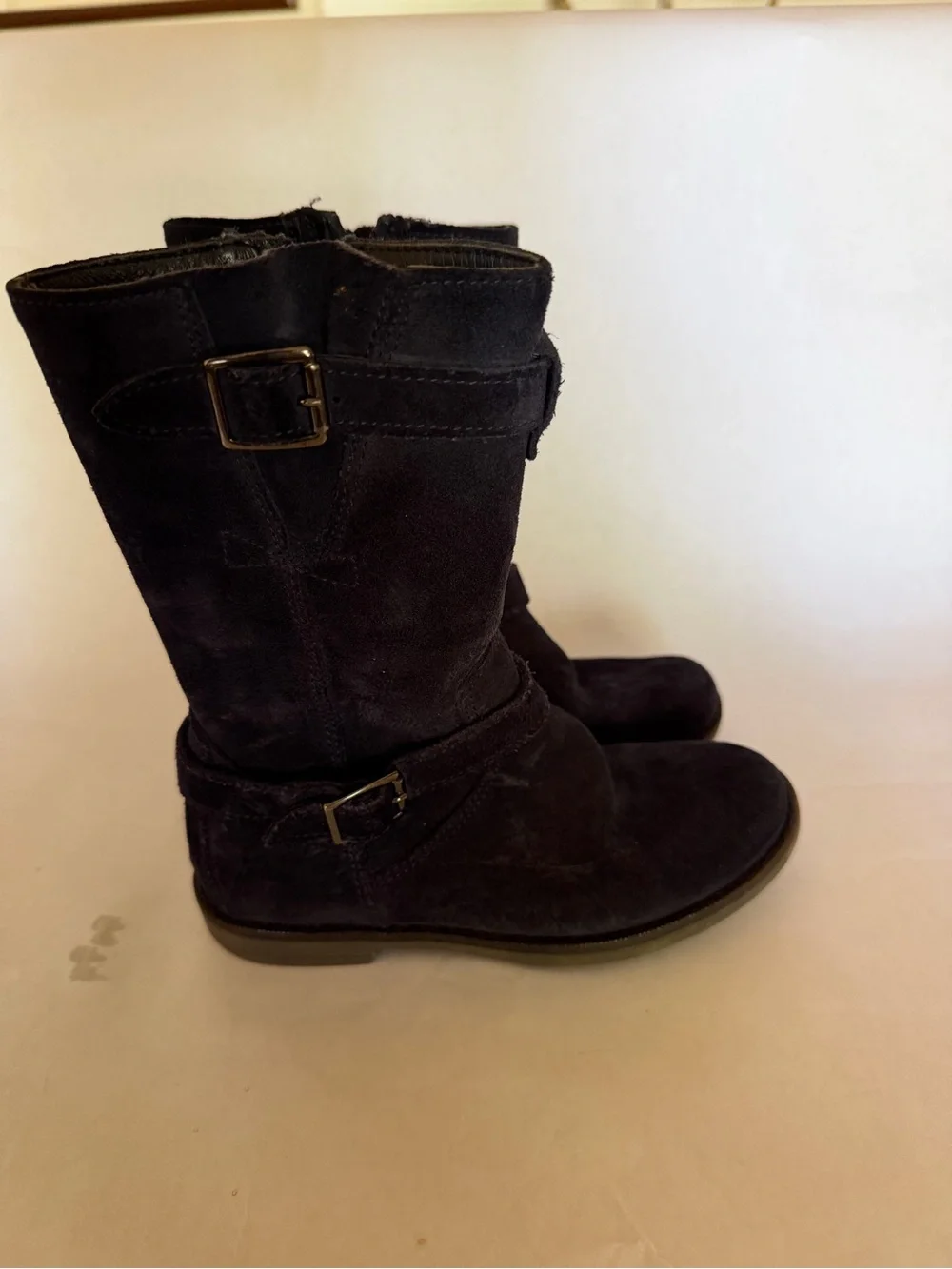Kids Navy Suede Mid-Calf Boots with Strap Detail